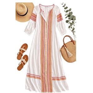 Zara Boho Embroidered Maxi Dress White Red Gold Peasant Tunic Size S